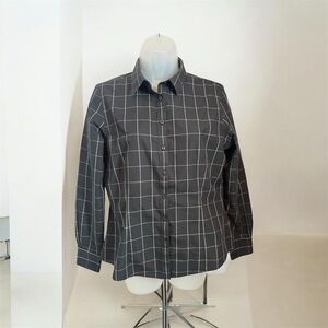 Brooks Brothers 346 Petite Button Down Shirt 10P Black White Windowpane Cotton